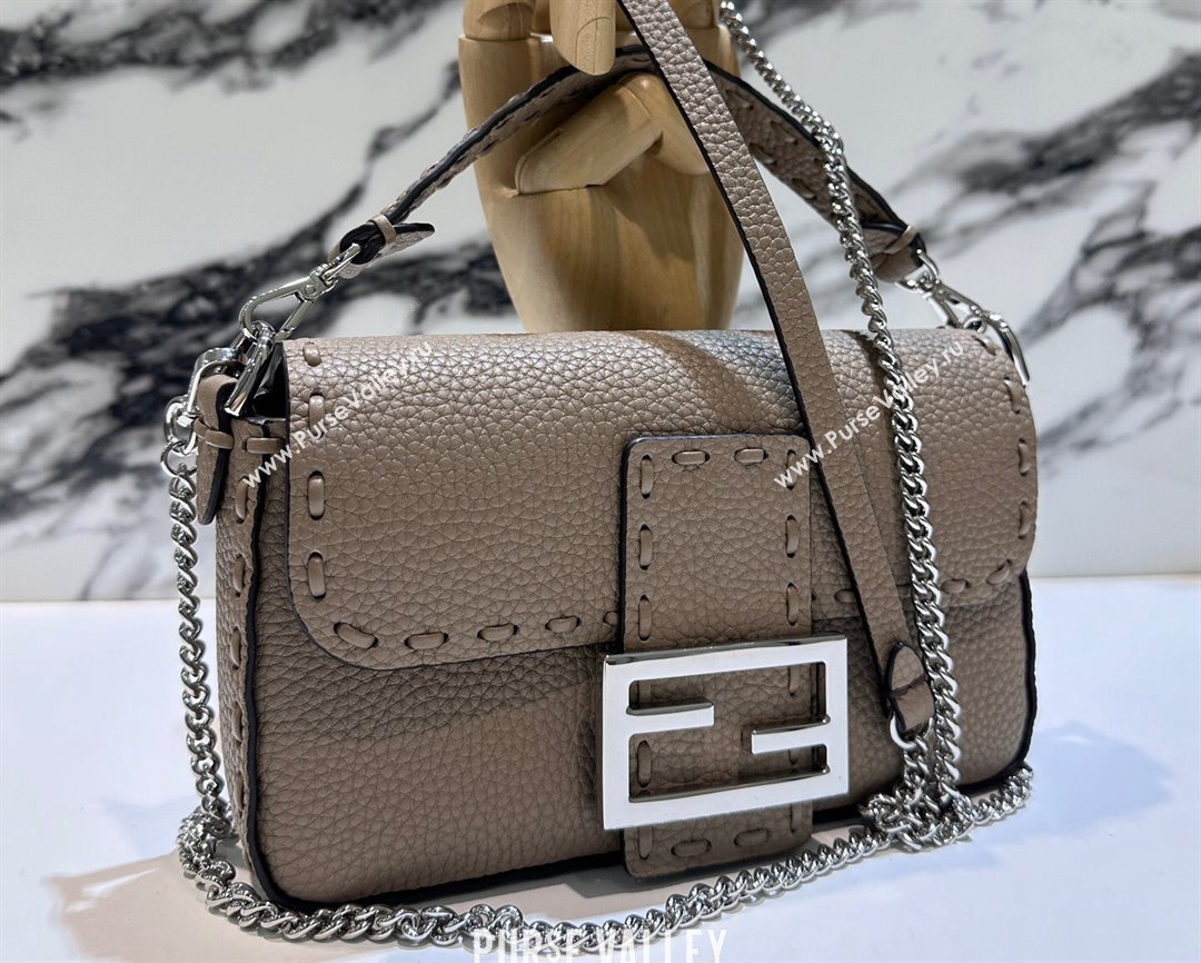 Fendi Mini Baguette Bag Dove Gray Selleria with 309 hand-sewn topstitches 2024 (chaoliu-24040922)