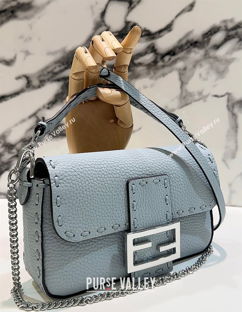 Fendi Mini Baguette Bag Light Blue Selleria with 309 hand-sewn topstitches 2024 (chaoliu-24040920)