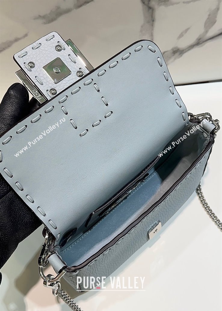 Fendi Mini Baguette Bag Light Blue Selleria with 309 hand-sewn topstitches 2024 (chaoliu-24040920)