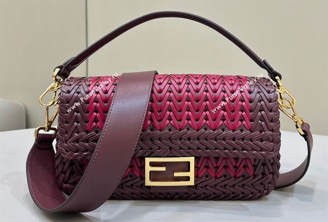 Fendi Medium Baguette Bag Red and burgundy interlaced leather and raffia 2024 (chaoliu-24040929)