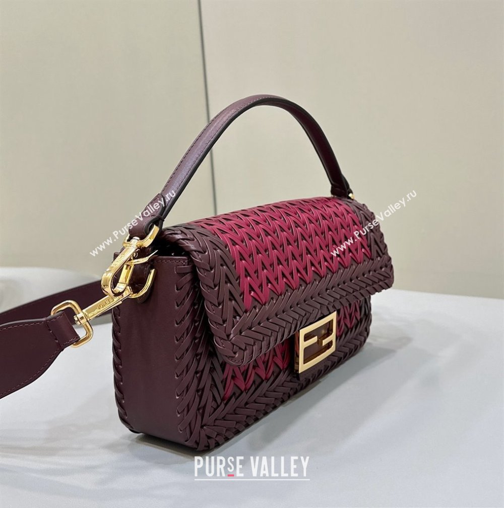 Fendi Medium Baguette Bag Red and burgundy interlaced leather and raffia 2024 (chaoliu-24040929)