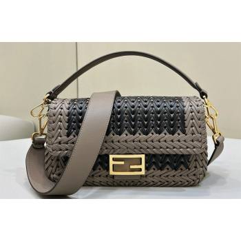 Fendi Medium Baguette Bag Black and Dove Gray interlaced leather and raffia 2024 (chaoliu-24040928)