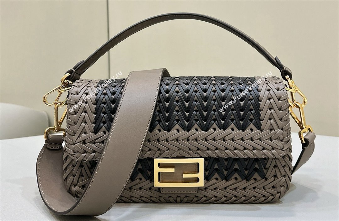 Fendi Medium Baguette Bag Black and Dove Gray interlaced leather and raffia 2024 (chaoliu-24040928)