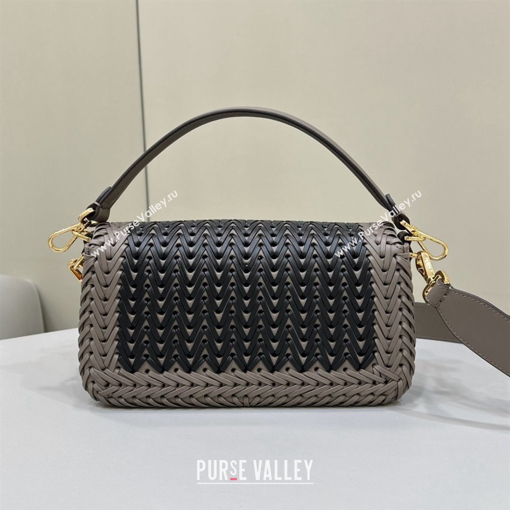 Fendi Medium Baguette Bag Black and Dove Gray interlaced leather and raffia 2024 (chaoliu-24040928)