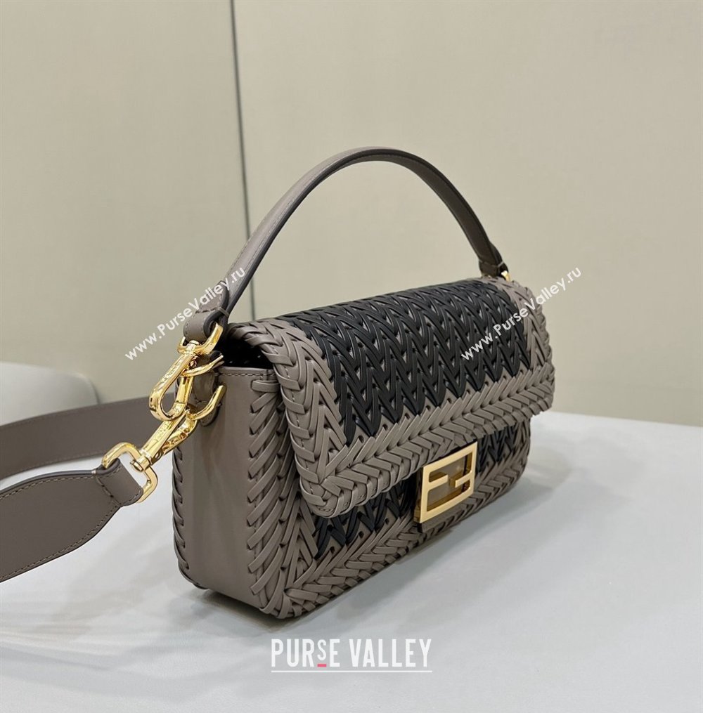 Fendi Medium Baguette Bag Black and Dove Gray interlaced leather and raffia 2024 (chaoliu-24040928)