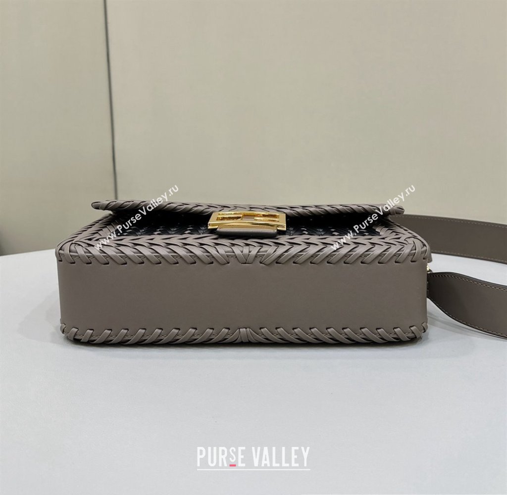 Fendi Medium Baguette Bag Black and Dove Gray interlaced leather and raffia 2024 (chaoliu-24040928)