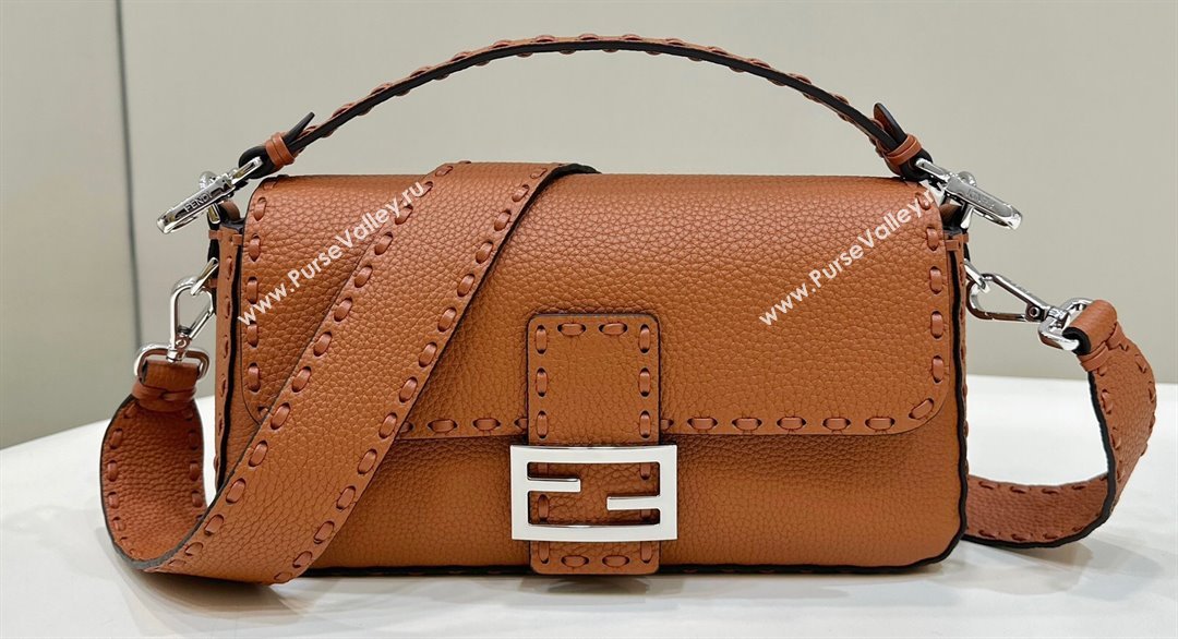 Fendi Medium Baguette Bag Brown Selleria with oversize topstitching 2024 (chaoliu-24040911)