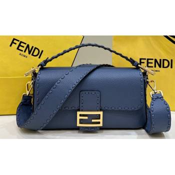 Fendi Medium Baguette Bag Blue Selleria with oversize topstitching 2024 (chaoliu-24040910)