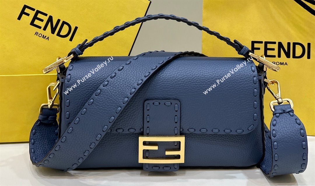 Fendi Medium Baguette Bag Blue Selleria with oversize topstitching 2024 (chaoliu-24040910)