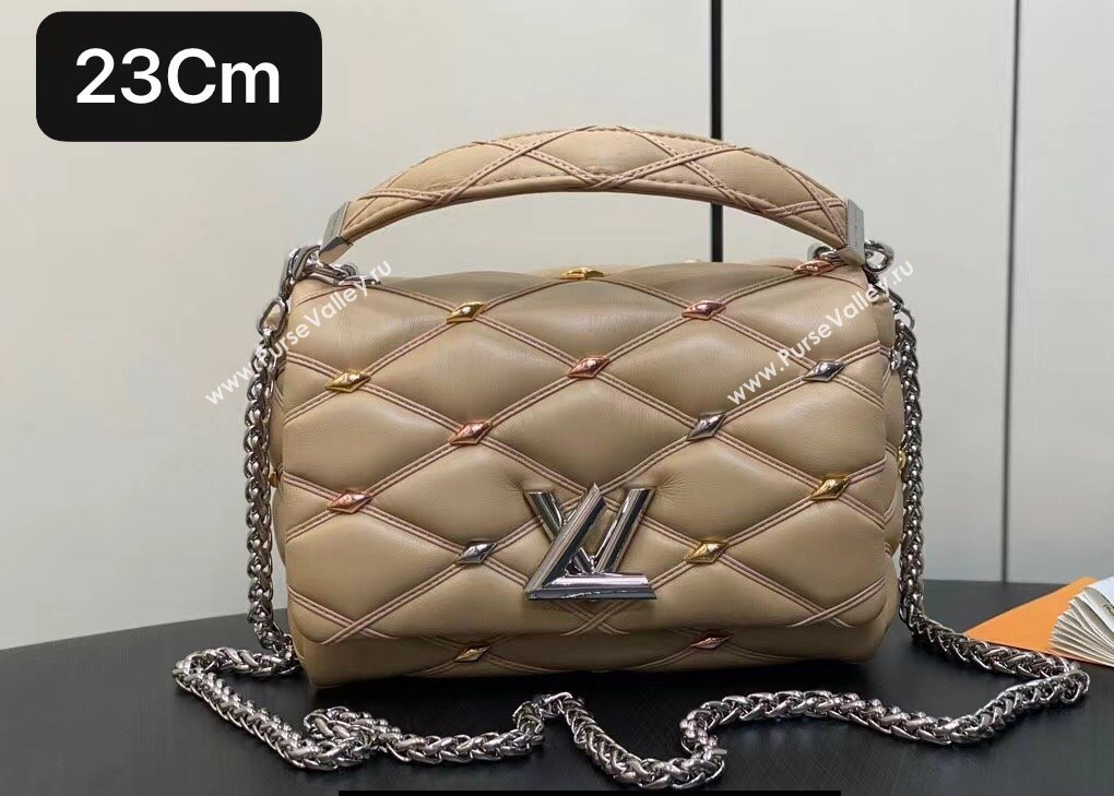 Louis Vuitton Lambskin GO-14 MM Bag with metal studs M24151 Beige 2024 (kiki-24041118)