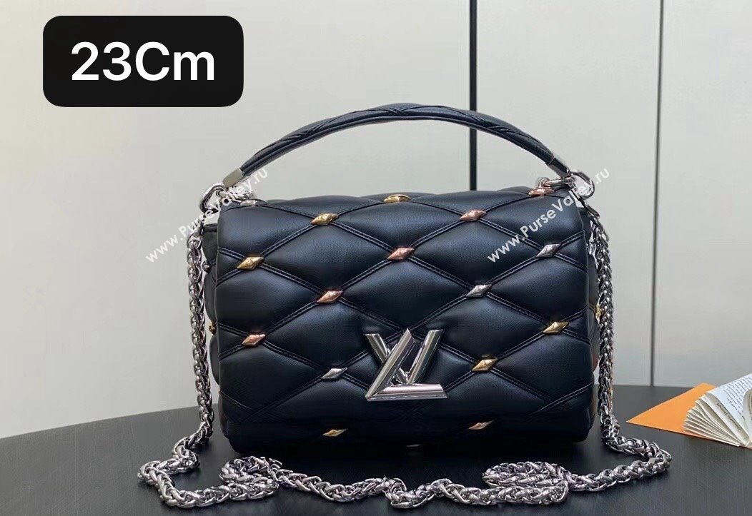 Louis Vuitton Lambskin GO-14 MM Bag with metal studs M24151 Black 2024 (kiki-24041117)