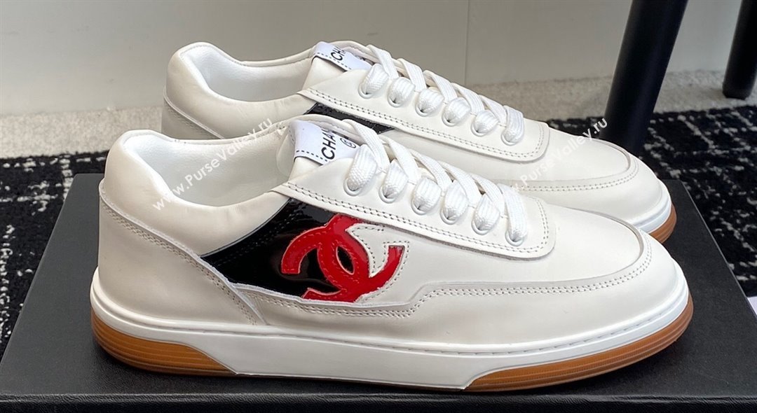 Chanel Calfskin Leather Logo Sneakers White/Red/Black 2024 (jincheng-24041105)