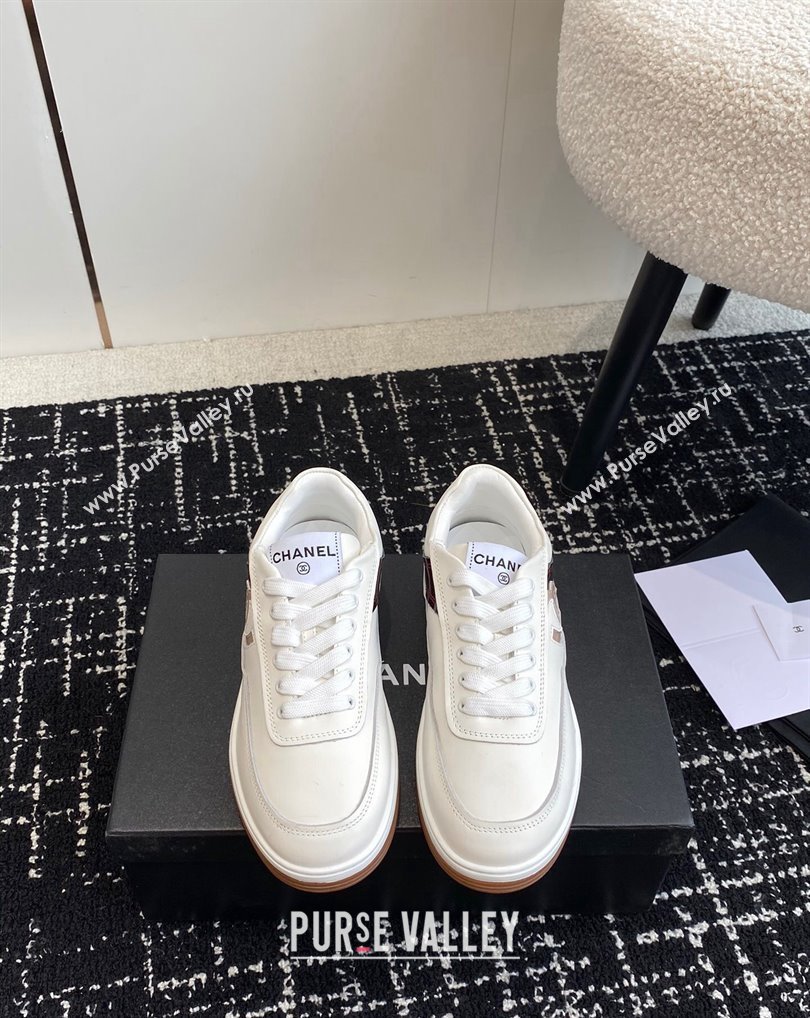 Chanel Calfskin Leather Logo Sneakers White/Beige/Burgundy 2024 (jincheng-24041104)