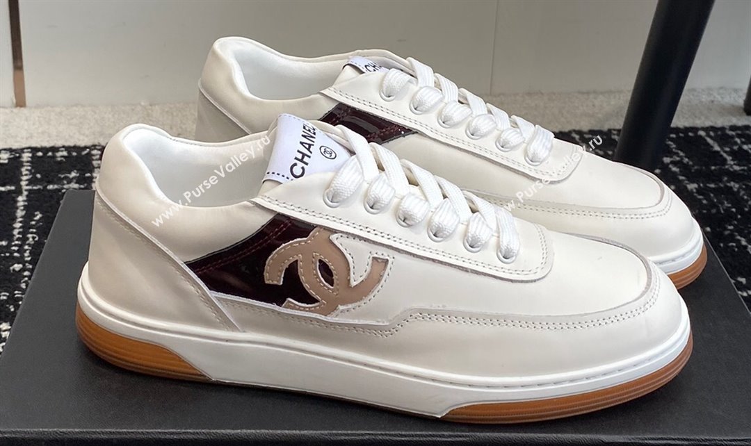 Chanel Calfskin Leather Logo Sneakers White/Beige/Burgundy 2024 (jincheng-24041104)