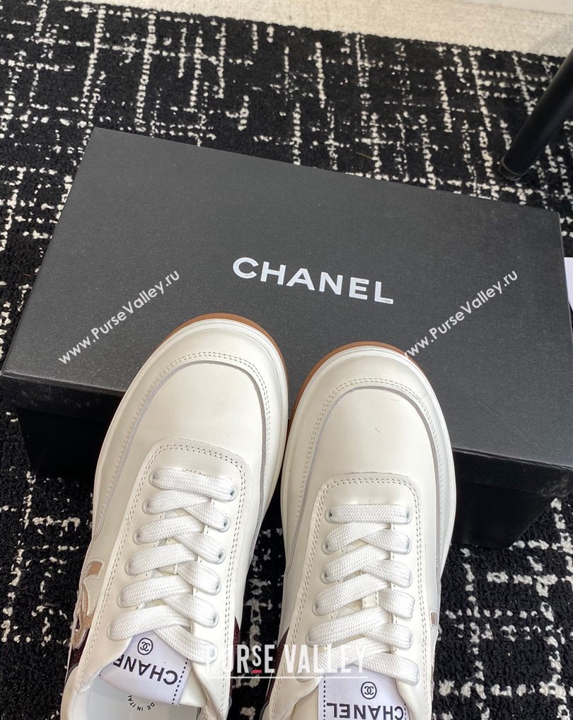 Chanel Calfskin Leather Logo Sneakers White/Beige/Burgundy 2024 (jincheng-24041104)