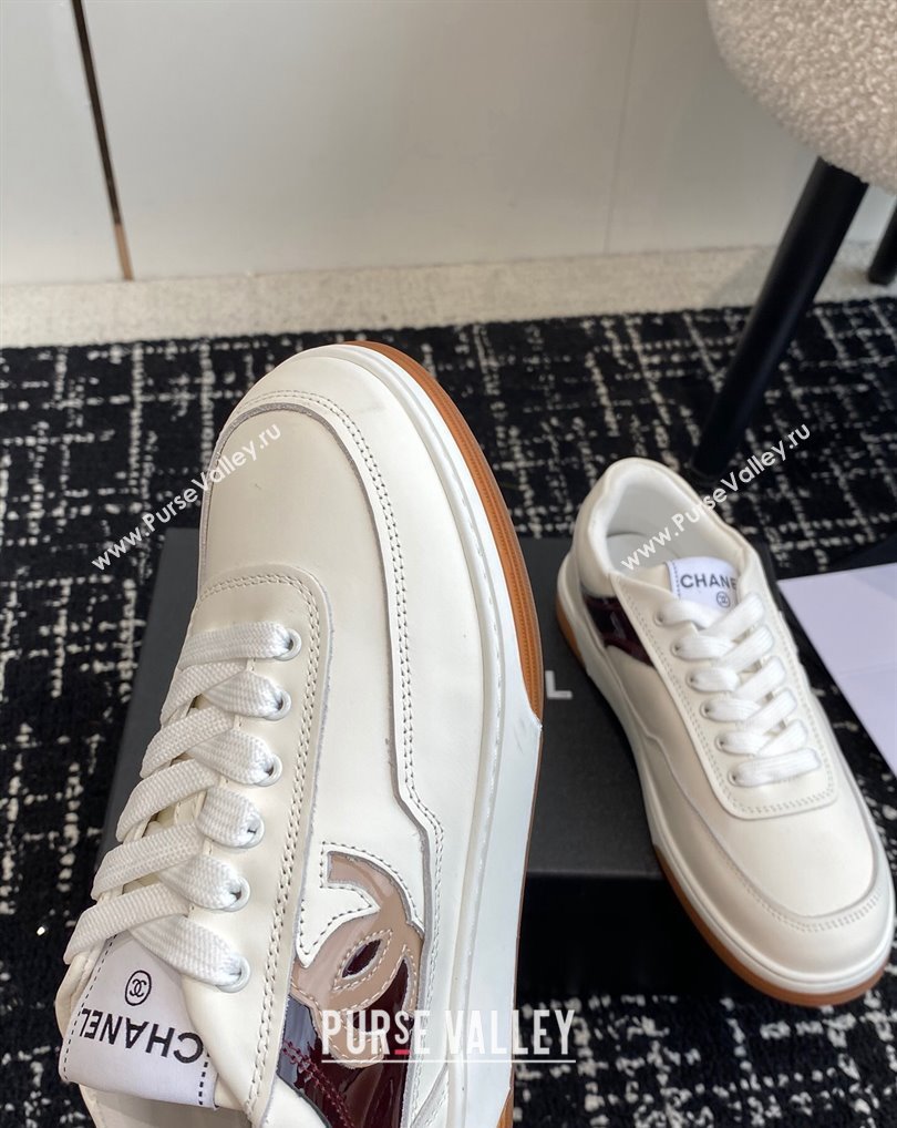 Chanel Calfskin Leather Logo Sneakers White/Beige/Burgundy 2024 (jincheng-24041104)