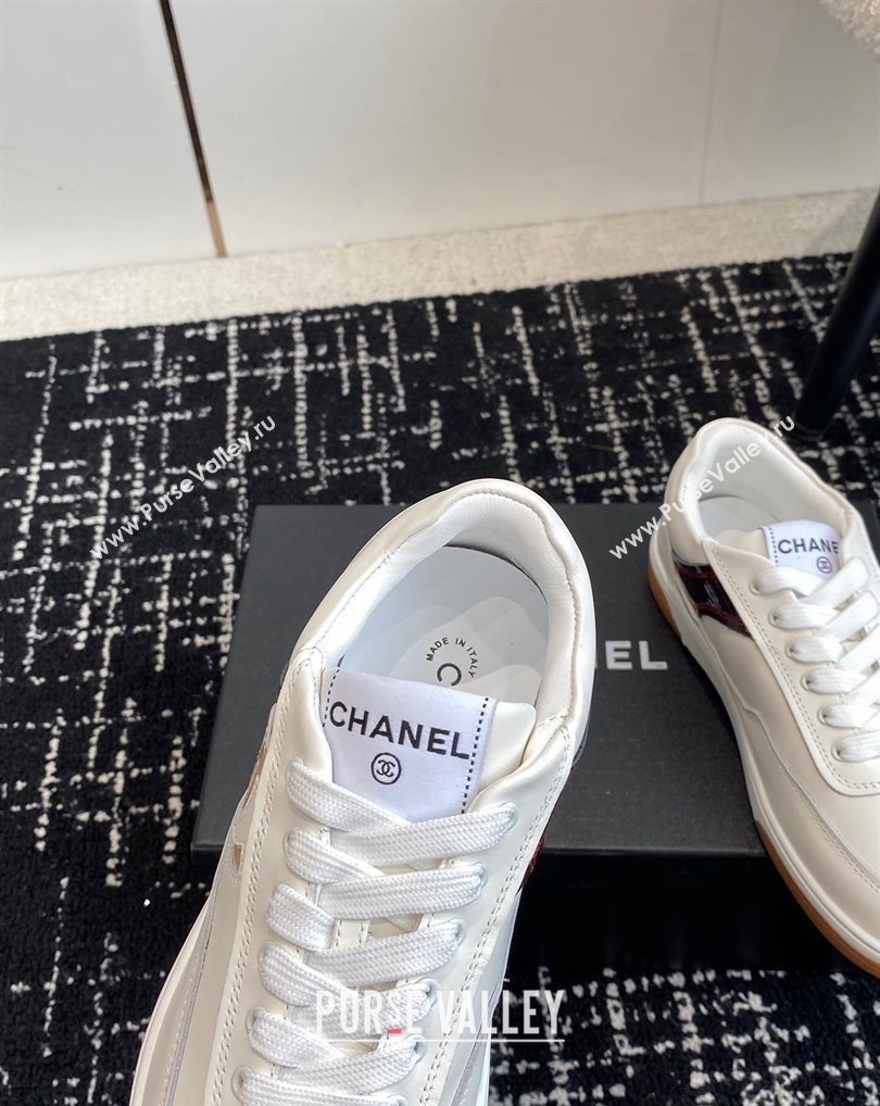 Chanel Calfskin Leather Logo Sneakers White/Beige/Burgundy 2024 (jincheng-24041104)