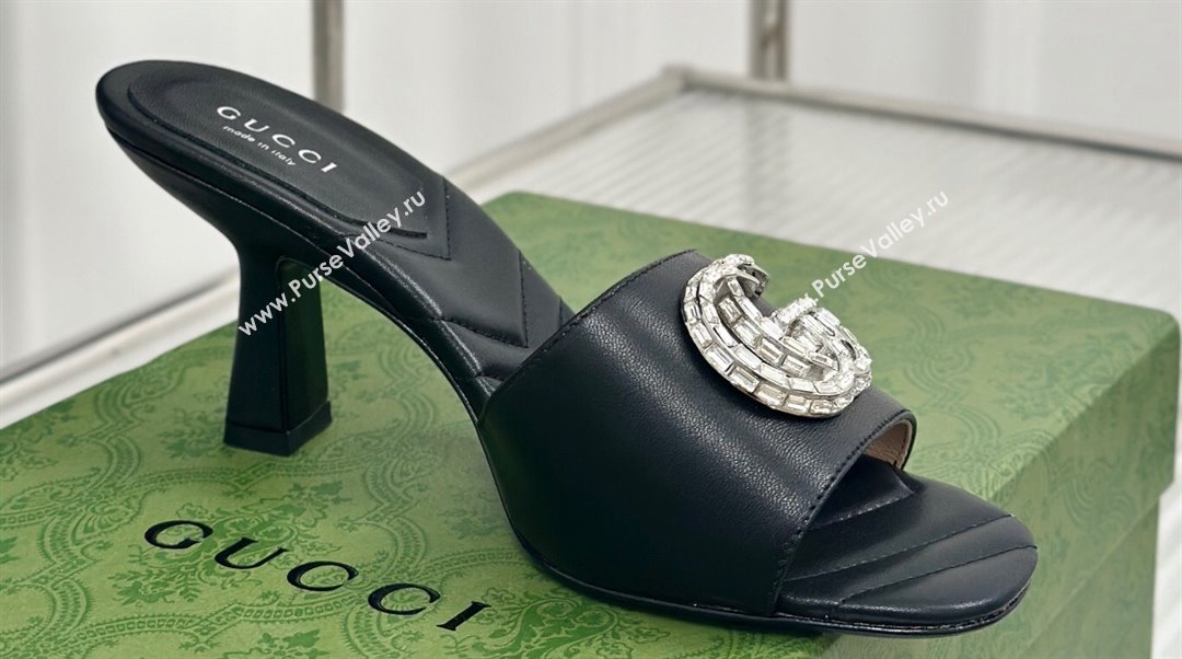 Gucci Heel 7cm Crystal Double G Slides Sandals Black 2024 (kaola-24041101)