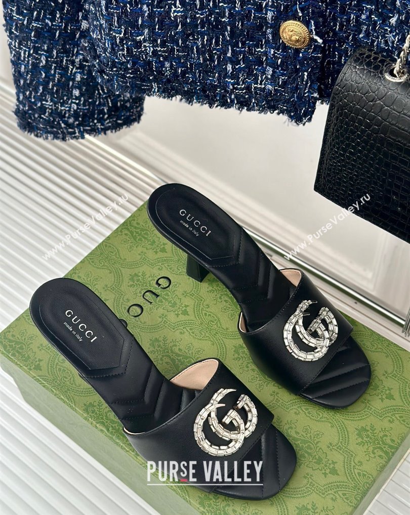 Gucci Heel 7cm Crystal Double G Slides Sandals Black 2024 (kaola-24041101)