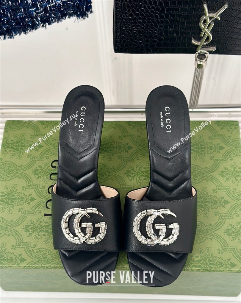 Gucci Heel 7cm Crystal Double G Slides Sandals Black 2024 (kaola-24041101)