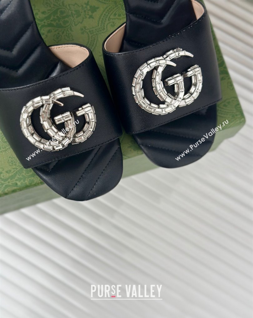 Gucci Heel 7cm Crystal Double G Slides Sandals Black 2024 (kaola-24041101)