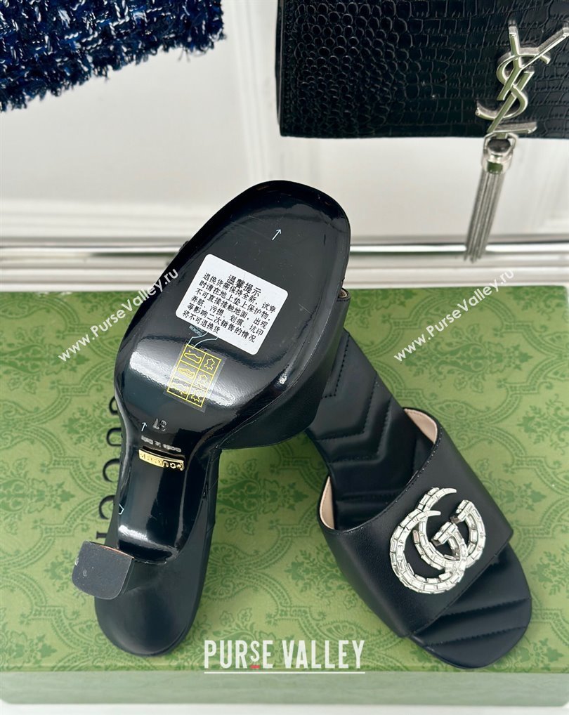 Gucci Heel 7cm Crystal Double G Slides Sandals Black 2024 (kaola-24041101)