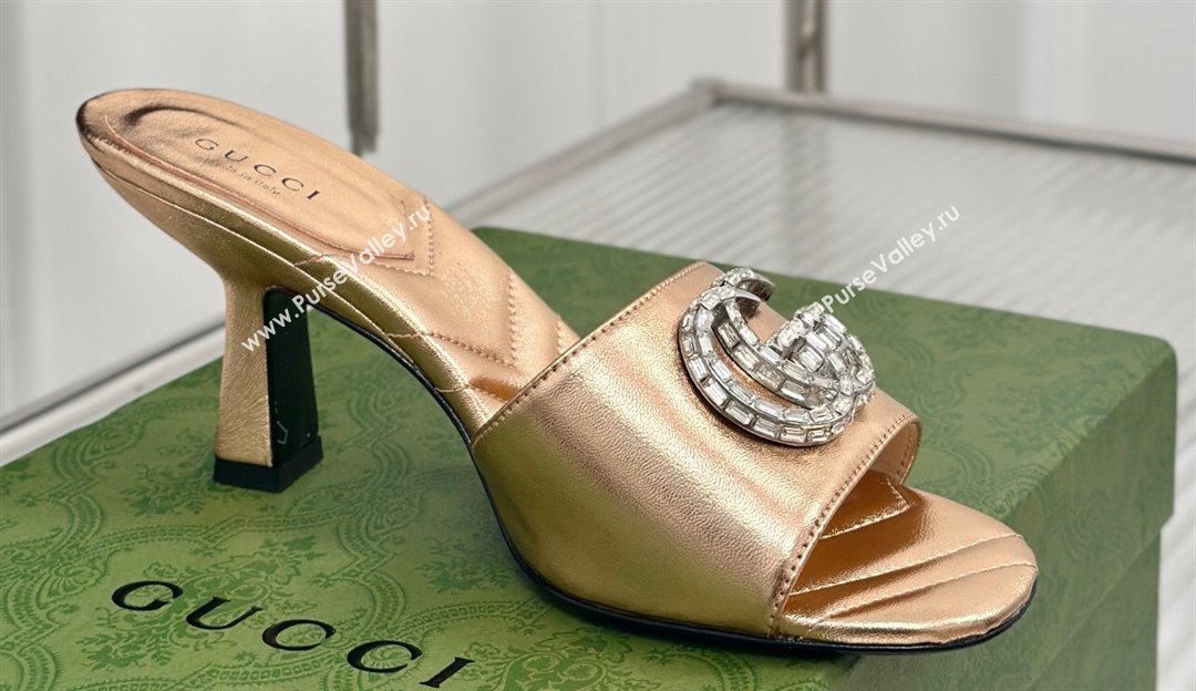 Gucci Heel 7cm Crystal Double G Slides Sandals Gold 2024 (kaola-24041106)