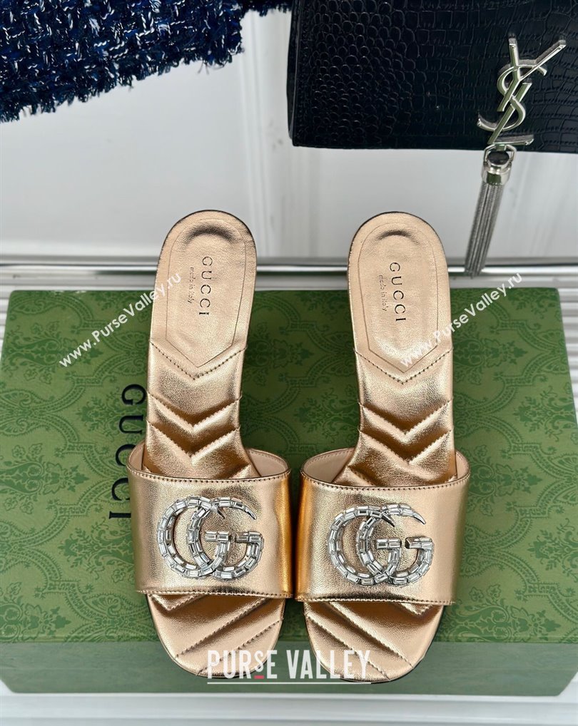 Gucci Heel 7cm Crystal Double G Slides Sandals Gold 2024 (kaola-24041106)