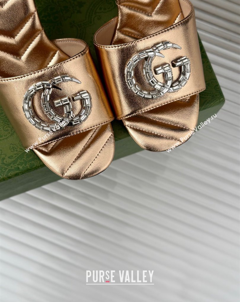 Gucci Heel 7cm Crystal Double G Slides Sandals Gold 2024 (kaola-24041106)