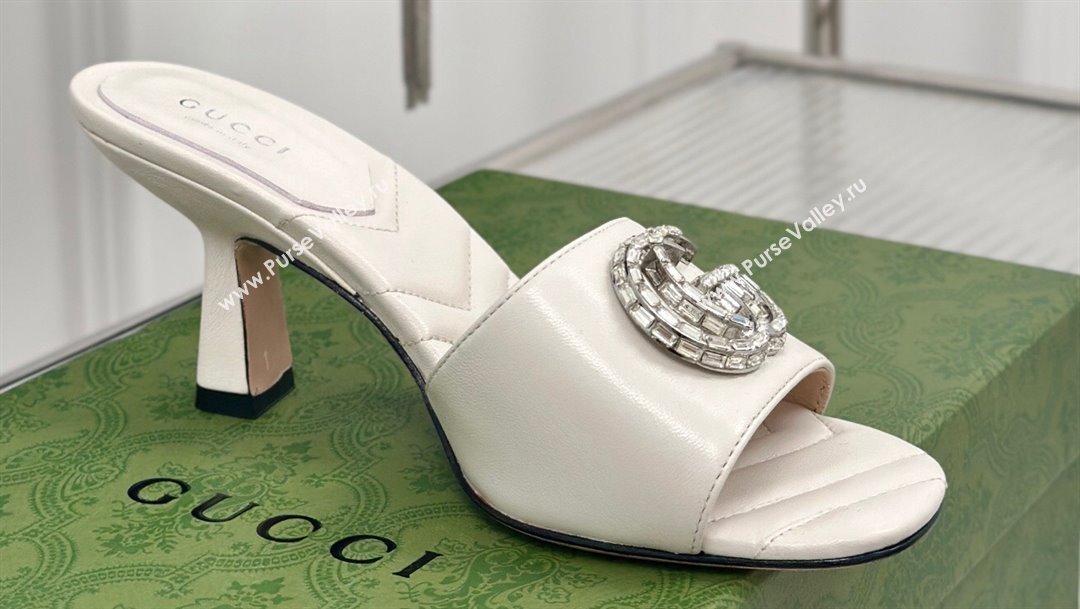 Gucci Heel 7cm Crystal Double G Slides Sandals White 2024 (kaola-24041102)