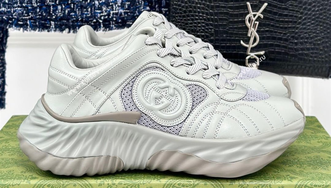 Gucci Ripple trainer Women/Men Sneakers in leather Pale Gray 2024 (kaola-24041110)