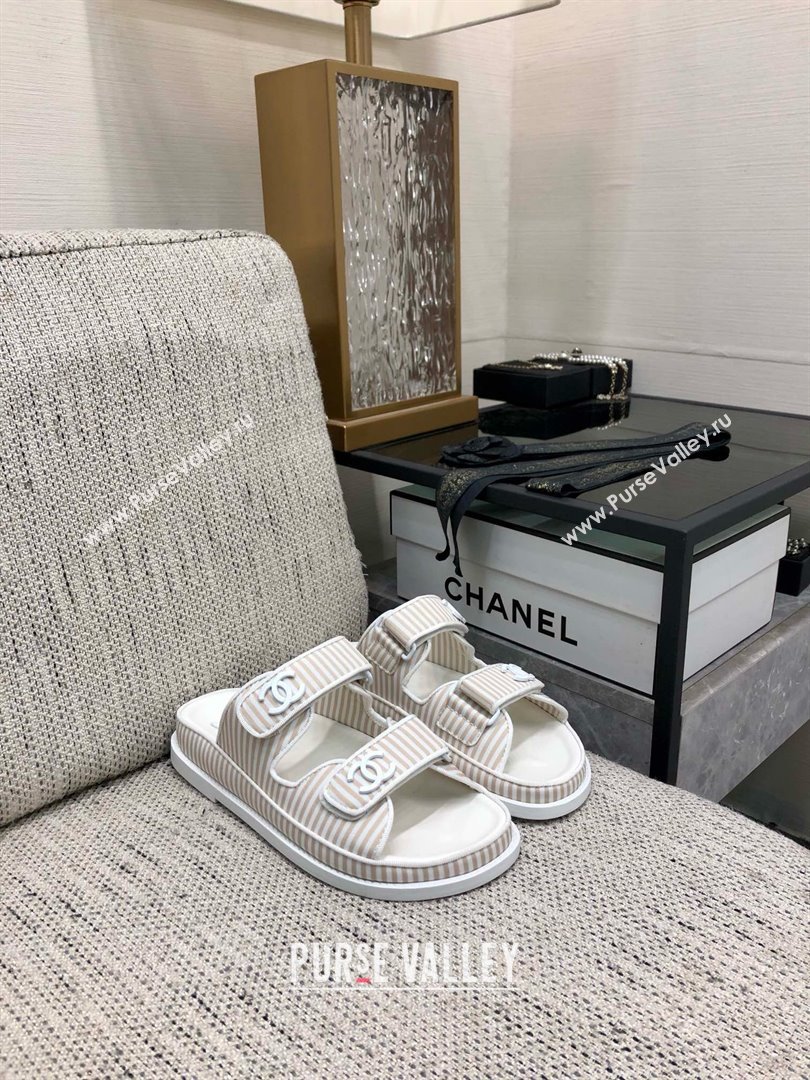 CHANEL Stripes Casual Style Party Style Footbed Sandals beige 2024 (kaola-240415-02)