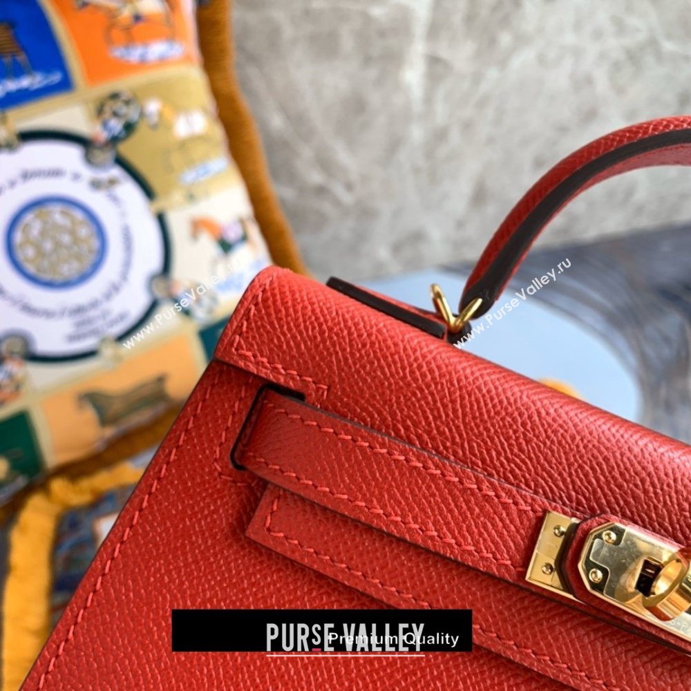 Hermes Mini Kelly II Handbag epsom leather with Gold Hardware half handmade red (fuli-8710)