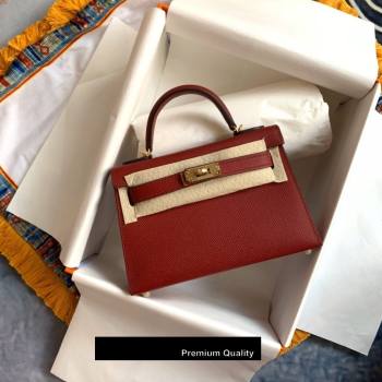 Hermes Mini Kelly II Handbag epsom leather with Gold Hardware half handmade burgundy (fuli-5287)