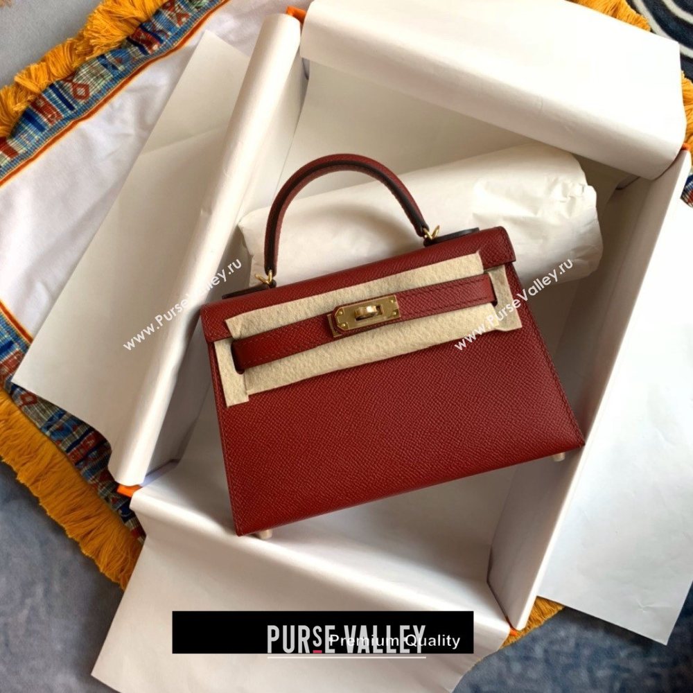 Hermes Mini Kelly II Handbag epsom leather with Gold Hardware half handmade burgundy (fuli-5287)