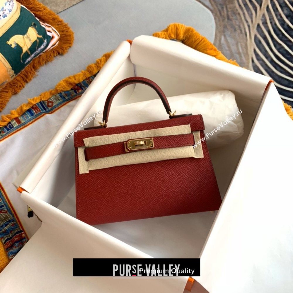 Hermes Mini Kelly II Handbag epsom leather with Gold Hardware half handmade burgundy (fuli-5287)