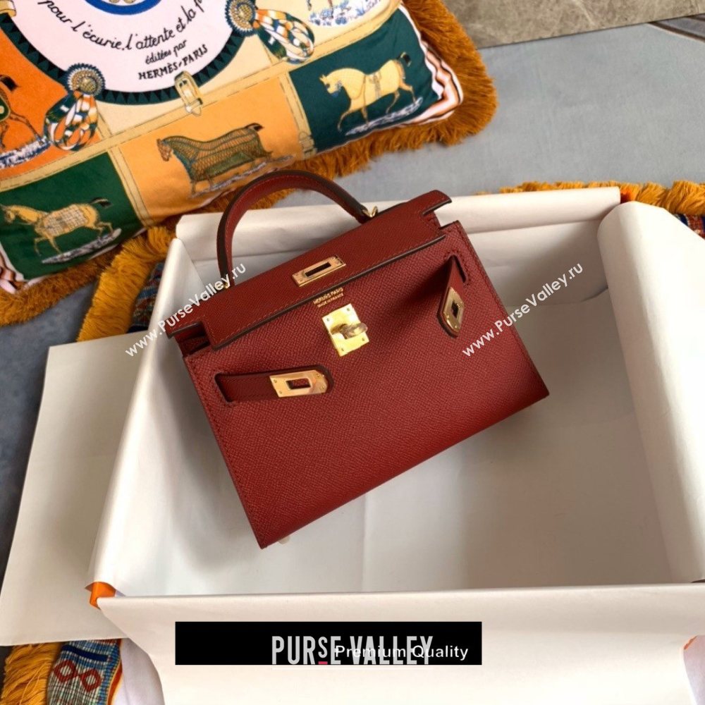 Hermes Mini Kelly II Handbag epsom leather with Gold Hardware half handmade burgundy (fuli-5287)