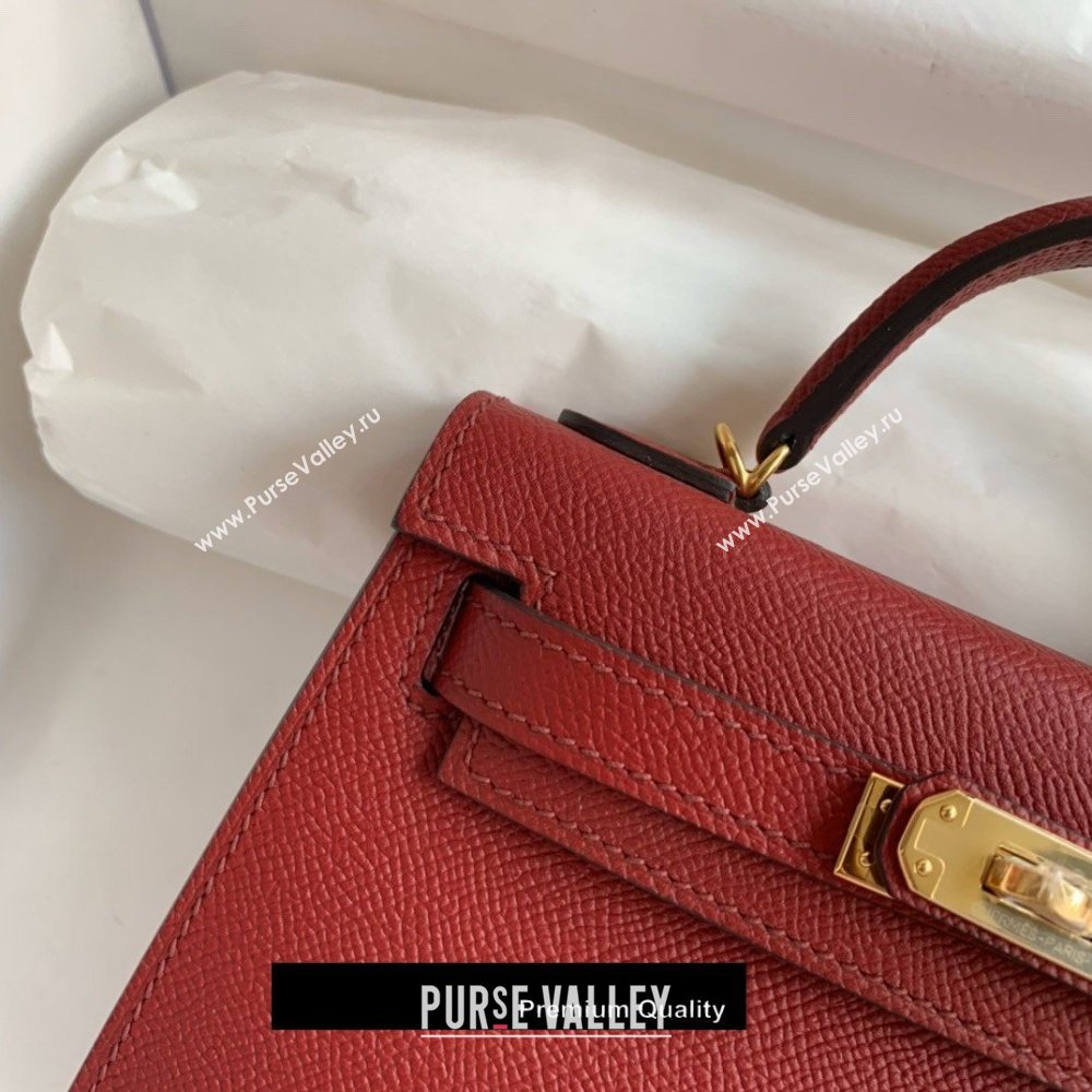 Hermes Mini Kelly II Handbag epsom leather with Gold Hardware half handmade burgundy (fuli-5287)