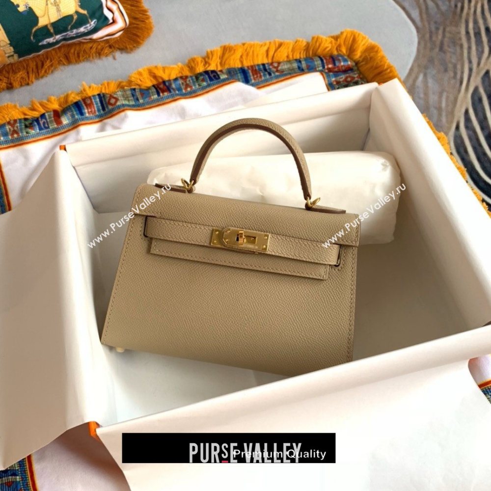 Hermes Mini Kelly II Handbag epsom leather with Gold Hardware half handmade etoupe (fuli-9617)