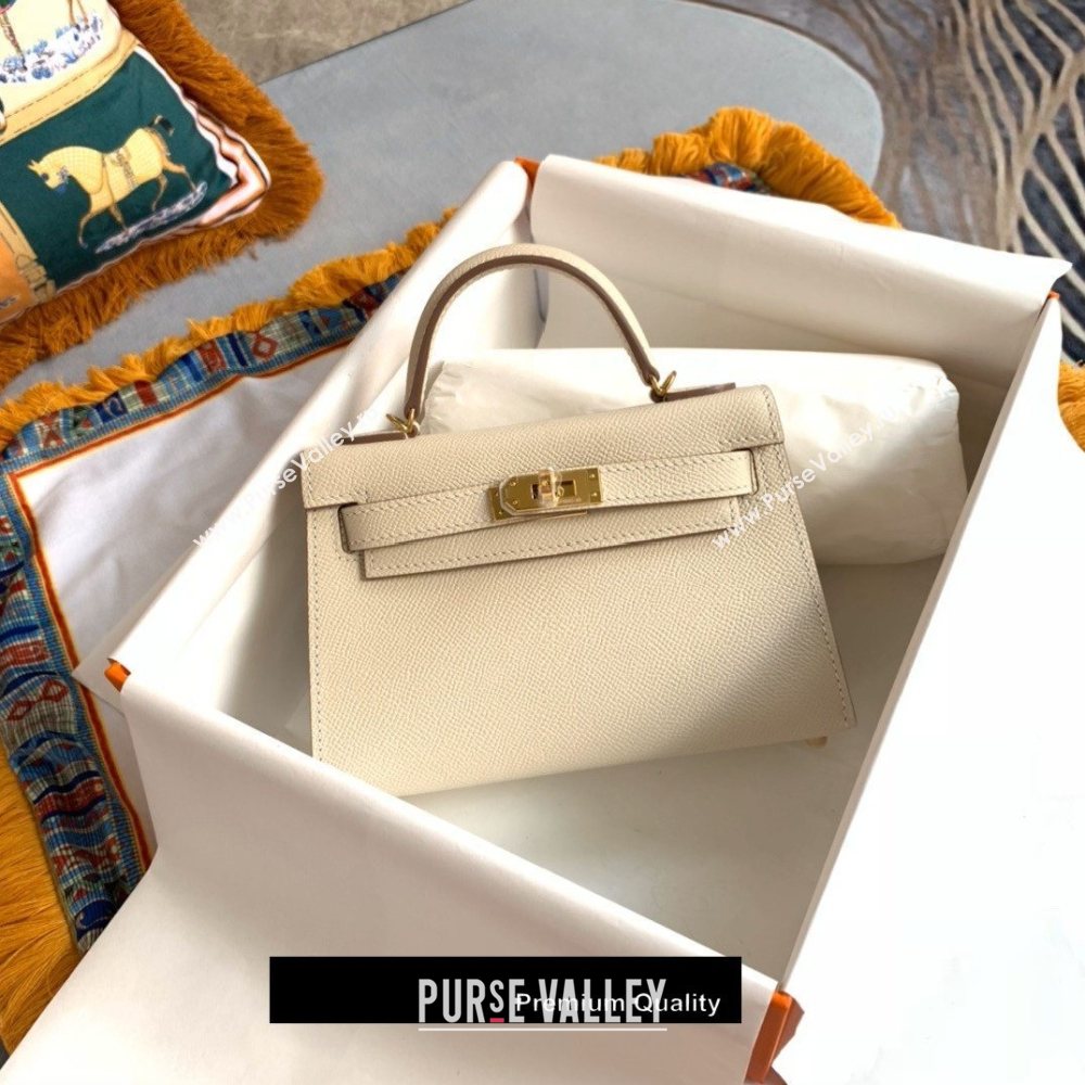 Hermes Mini Kelly II Handbag epsom leather with Gold Hardware half handmade White (fuli-6971)