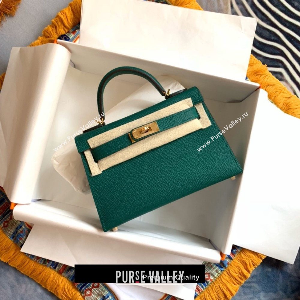 Hermes Mini Kelly II Handbag epsom leather with Gold Hardware half handmade peacock green (fuli-5231)