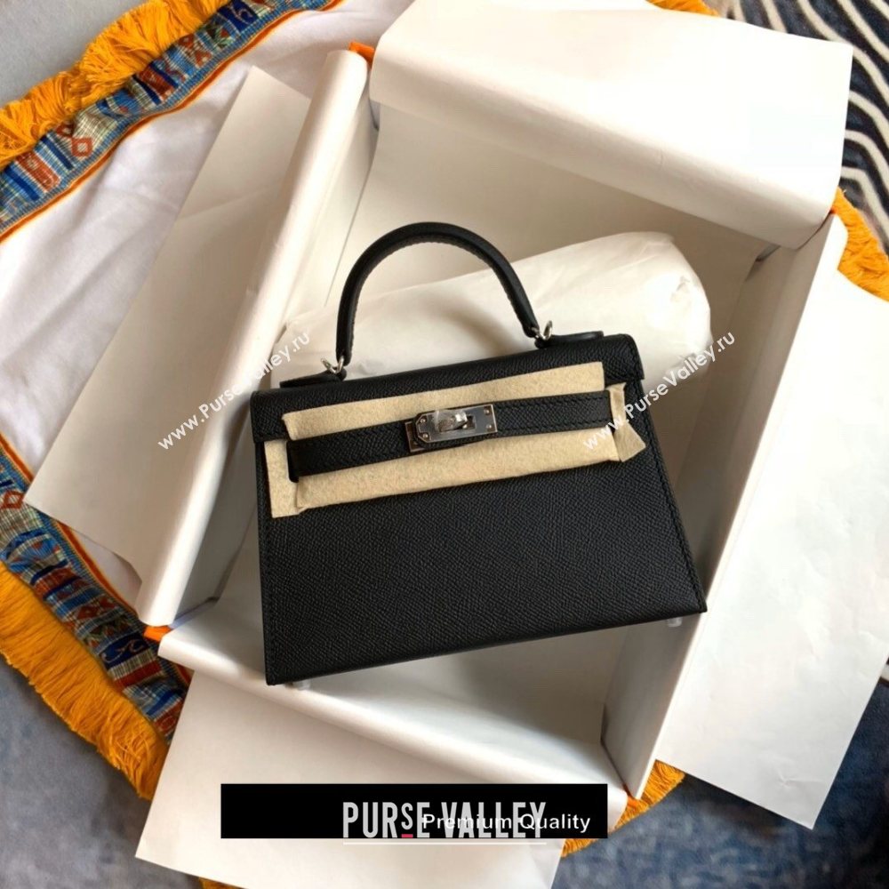 Hermes Mini Kelly II Handbag epsom leather with silver Hardware half handmade black (fuli-3297)