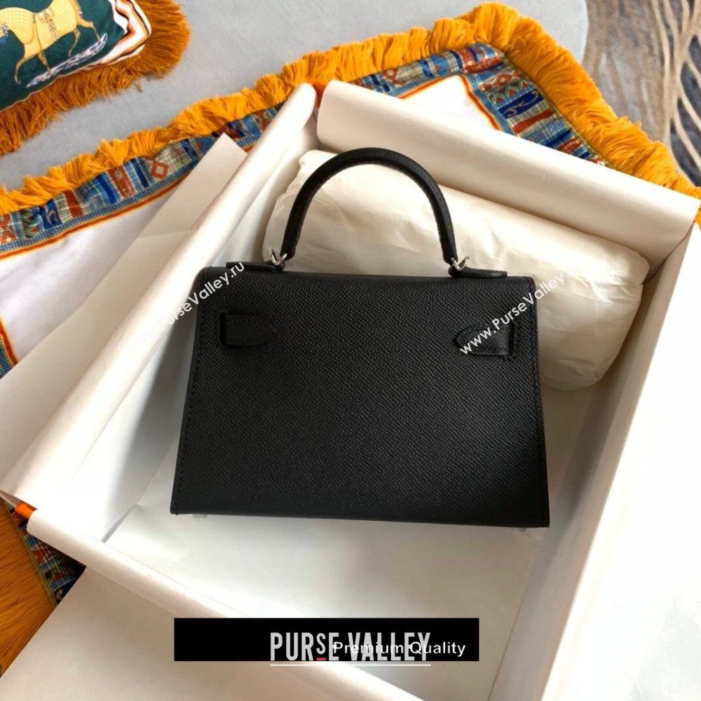 Hermes Mini Kelly II Handbag epsom leather with silver Hardware half handmade black (fuli-3297)