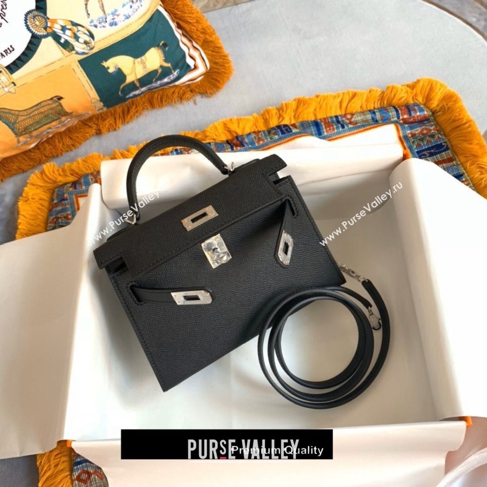 Hermes Mini Kelly II Handbag epsom leather with silver Hardware half handmade black (fuli-3297)