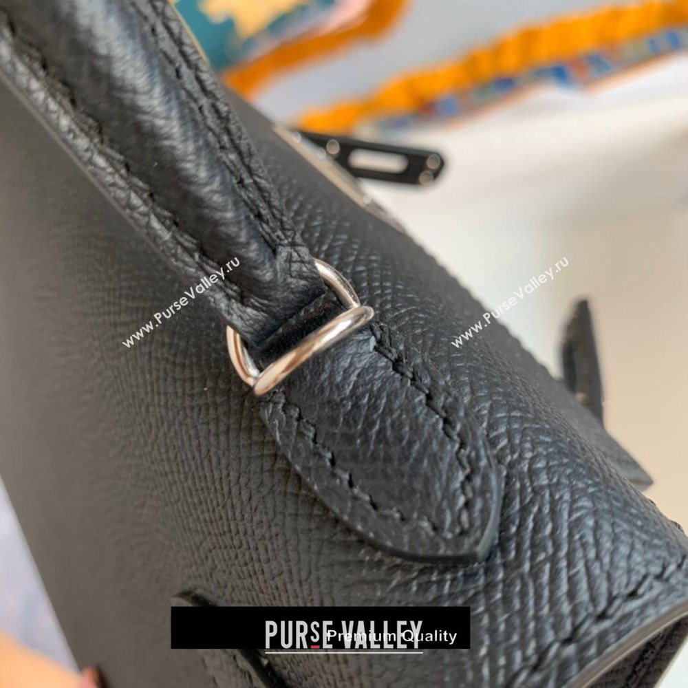 Hermes Mini Kelly II Handbag epsom leather with silver Hardware half handmade black (fuli-3297)