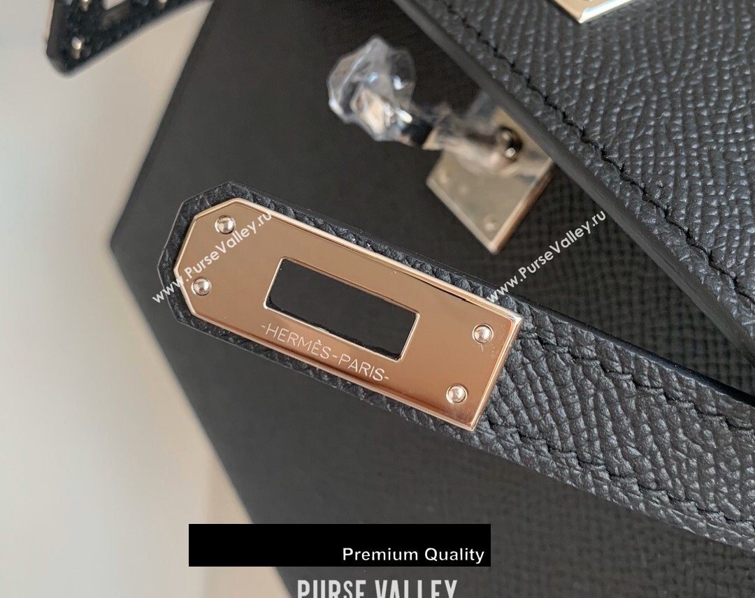 Hermes Mini Kelly II Handbag epsom leather with silver Hardware half handmade black (fuli-3297)