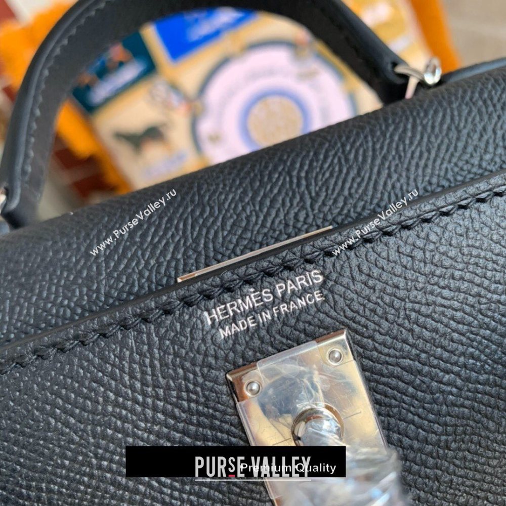 Hermes Mini Kelly II Handbag epsom leather with silver Hardware half handmade black (fuli-3297)