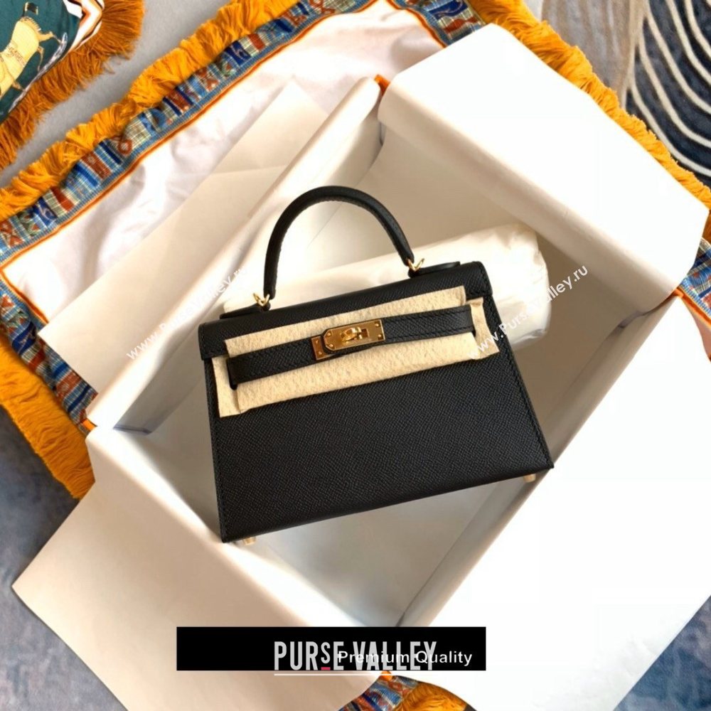 Hermes Mini Kelly II Handbag epsom leather with Gold Hardware half handmade black (fuli-8971)