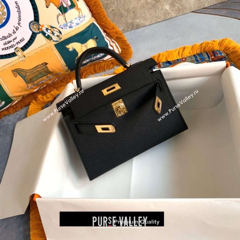 Hermes Mini Kelly II Handbag epsom leather with Gold Hardware half handmade black (fuli-8971)