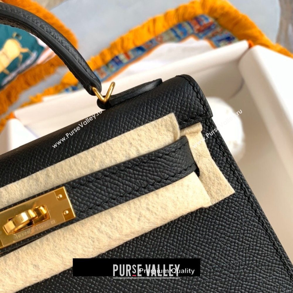 Hermes Mini Kelly II Handbag epsom leather with Gold Hardware half handmade black (fuli-8971)